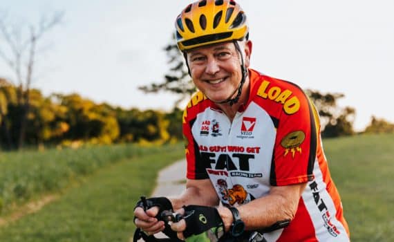 Bob Kaiser in cycling clothing after accident which brought him to neurosurgeon Dr. Patel at Methodist Dallas Medical Center