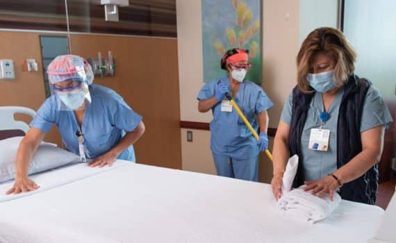 Rosa Nyaoga (right), director of environmental services at Methodist Mansfield, leads a team that includes Ledoina Campos (left) and Noelia Toruno, to keep Methodist hospitals safe