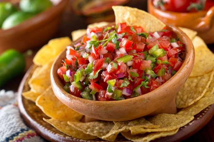 Tex-mex bowl of pico de gallo salsa and chips