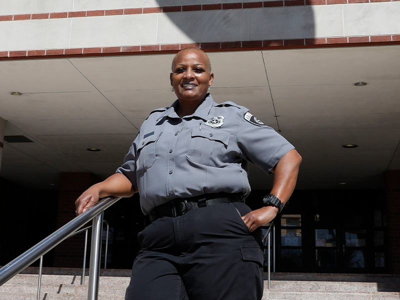 Sherita Cunningham on the job as a security guard for the Dallas school system after her gallbladder robotic-assisted surgery