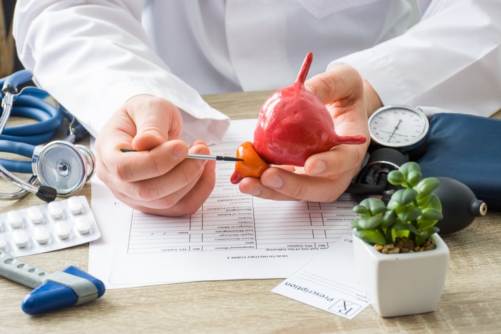 A doctor pointing to a prostate, used to explain an enlarged prostate and low-T symptoms