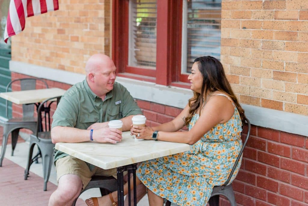 Leonor, an Arlington police detective, and husband Shane, an Ellis County sheriff's investigator, having a coffee at a local cafe.