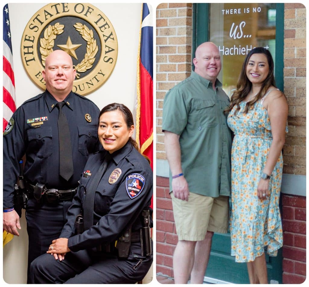 Leonor, an Arlington police detective, and husband Shane, an Ellis County sheriff's investigator, in two photos, one out of uniform and one in uniform.