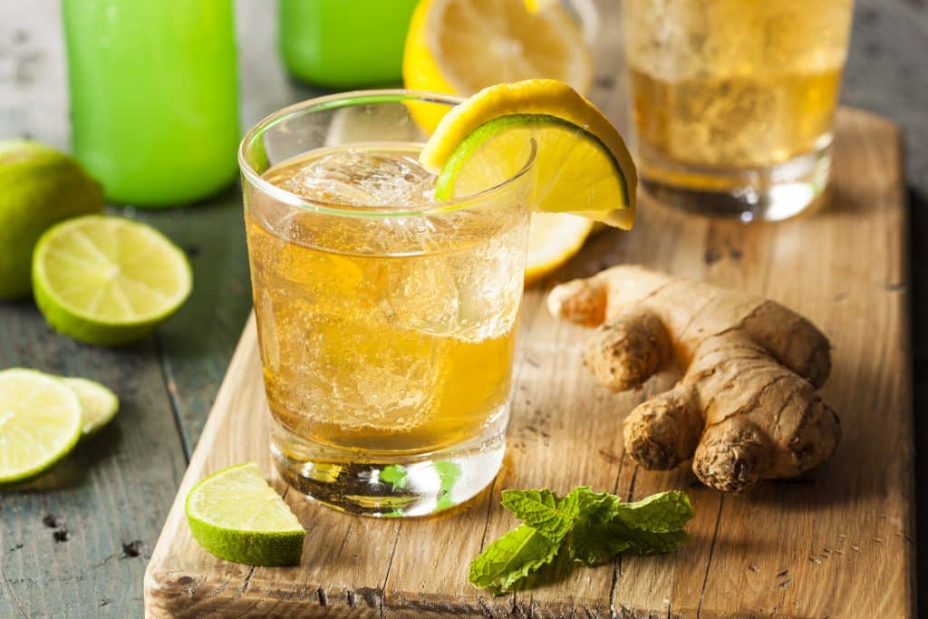 Glass of liquor in a glass with lime, lemon, mint, and ginger