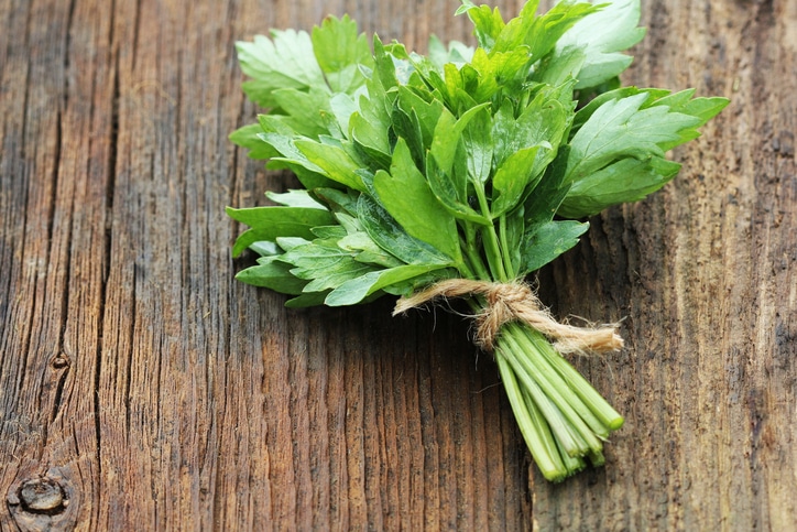 Lovage greens wrapped with twine, a main sirtfood diet staple