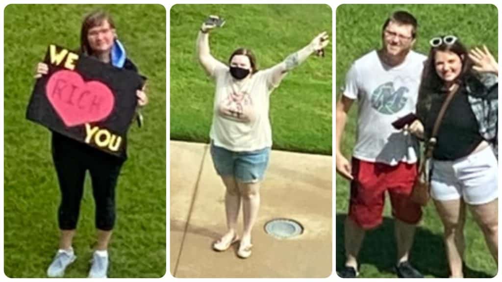 Rich Niccolls's family and friends waving and holding signs while he was in the hospital