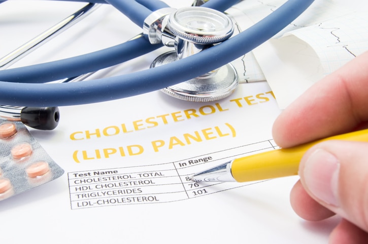 A blue stethoscope resting on top of a cholesterol test lipid panel