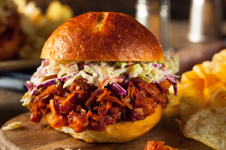 Jackfruit bbq slider with shredded jackfruit, slaw, and bun, a good vegan meal