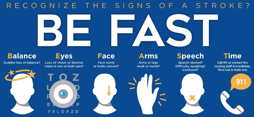 A blue infographic reads, "Recognize the signs of a stroke? BE FAST. Balance, Eyes, Face, Arms, Speech, Time." A phone at the bottom has a speech bubble with the number 911.