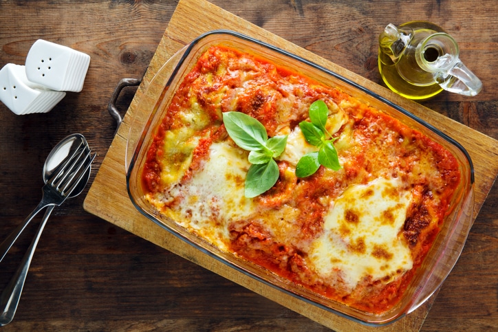 Glass dish with lasagna, a classic comfort food dish