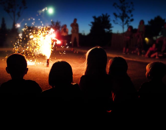 A night photograph of a group of children watching fireworks explode