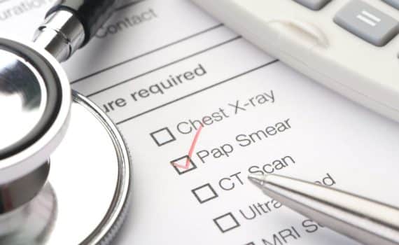 An image of a medical chart, zoomed in on five options with a box next to Pap smear checked off