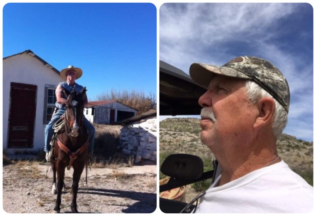 Don Deaton outside his ranch photographed twice, once while riding a brown horse and some buildings in the background, and the other a side profile photograph