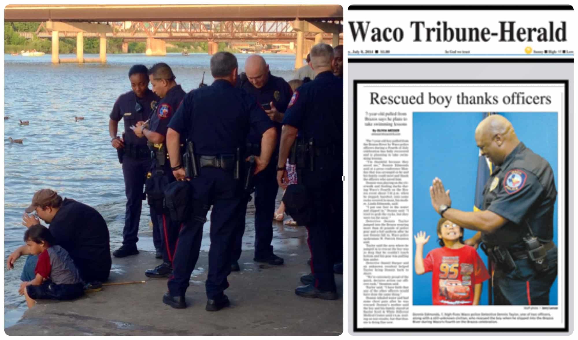 On right panel, a news article about Waco police detective Dennis Taylor rescuing a small boy; in the left panel, a photograph of a group of police offers with the rescued boy