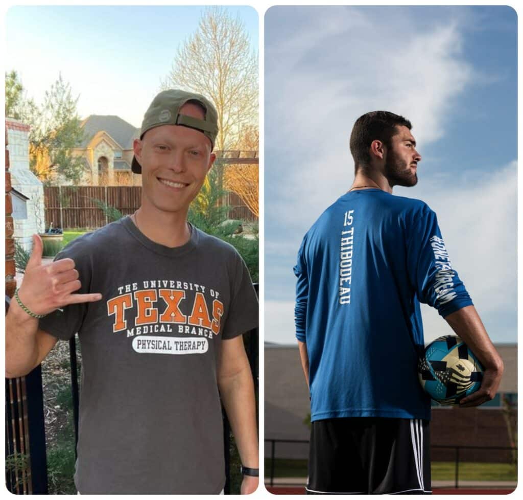 Zach photographed on the right holding a soccer ball and and photographed from the back and side profile. Zach photographed on the left holding up a "hang loose" hand symbol and smiling at the camera