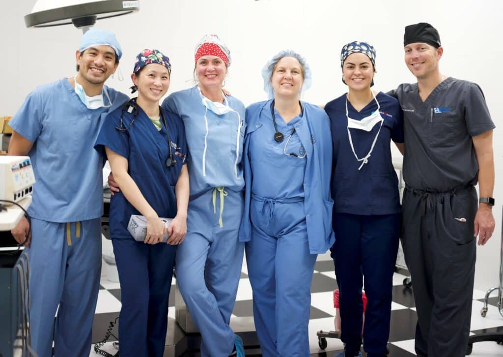 Medical providers photographed from left: Ivan Cruz Jr., MD; Elva Bian, DO; Tabitha Bourgeois, RN; Paige Latham, MD; Anais Torres, RN; and Joshua Trussell, MD