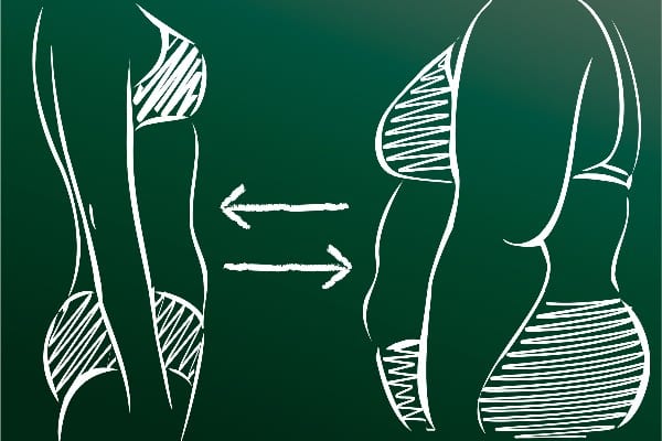 A cartoon drawing of two bodies with varying weights and arrows in between the two bodies