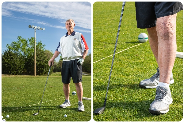 Security contractor Tom Eastman photographed in a collared golf shirt with trees in the background while golfing after hip and knee surgeries