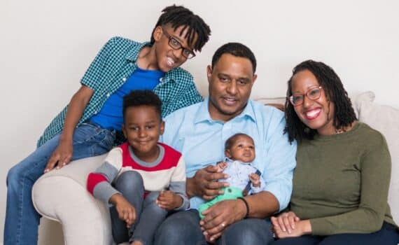 Nyadia Thorpe with her newborn, Caris, husband, Jeff, and sons Caden, 10, and Caius, 4