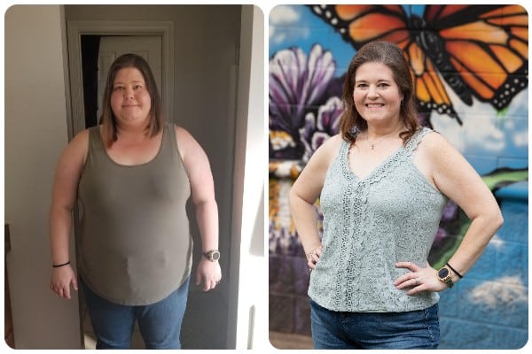 On the left, a woman wears a khaki-colored tank top in a dark environment. On the right, the same woman wears a blue camisole and smiles. She's standing in front of a mural with a butterfly.