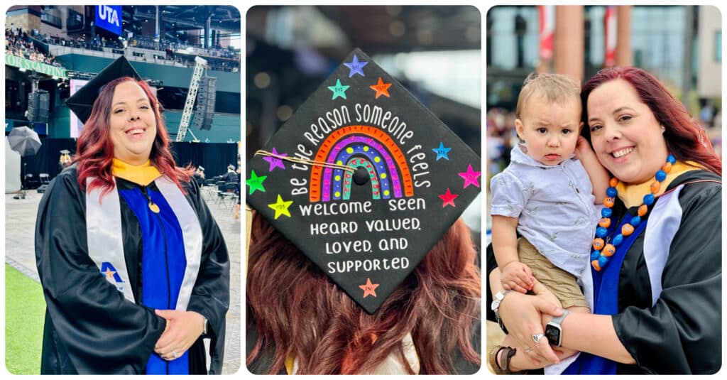 A collage of photos of Nicole Carr smiling at the camera, wearing a cap and gown at a graduation ceremony, a photo of her cap with an inspirational phrase and rainbow drawn on it, and a photo of her holding her son, used to explain her recovery after spine surgery