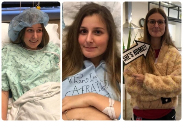 A three-photo collage of Rachel Richie, a teenager from Texas, with photos of her after a car accident in hospital scrubs, a candid photo of her smiling, and a photo from holding a "she's home" sign