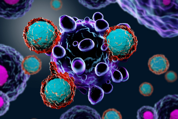 3D rendering of T-cells attacking a cancer cell