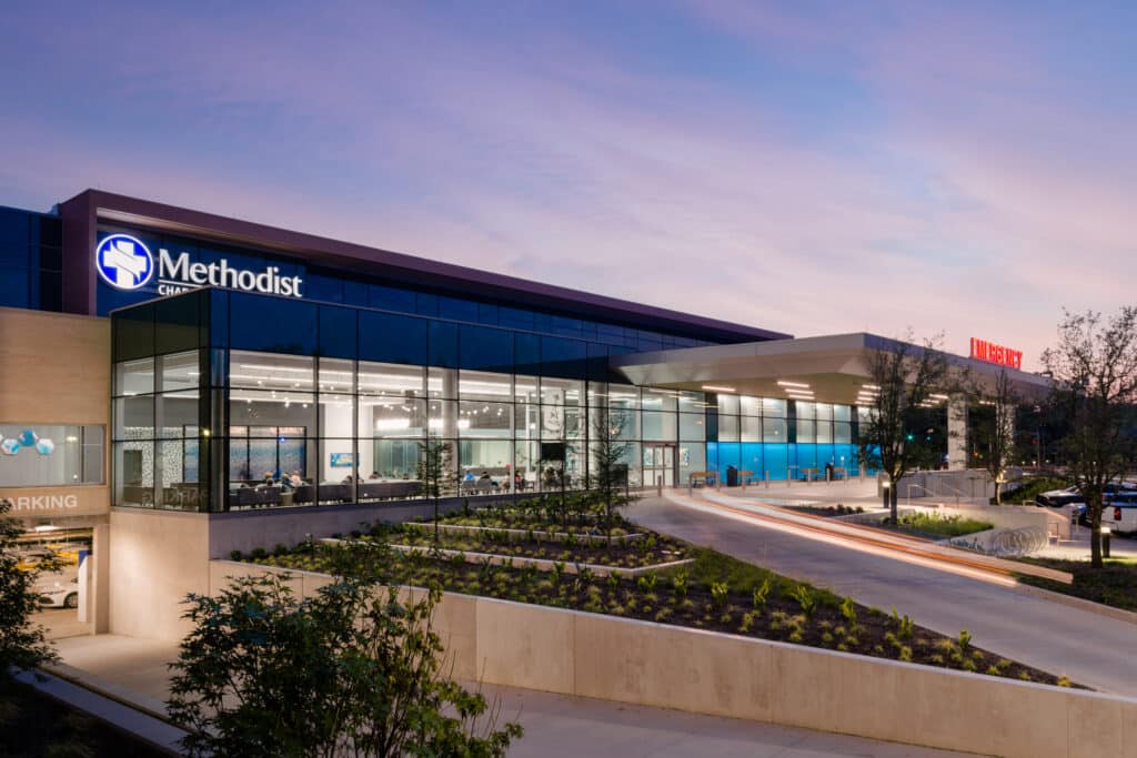 An evening view of Methodist Charlton Medical Center, where Barbara Knutson received treatment for heart blockage.