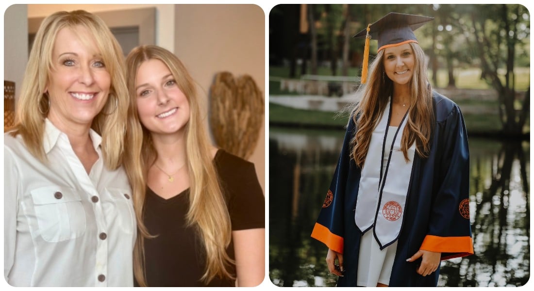 A three-photo collage of Rachel Richie, a teenager from Texas, with photos of her after a car accident, a candid photo of her smiling, and a photo from her graduation