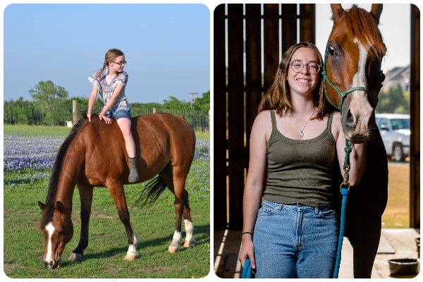 Photographs of Kathryn Altman as a young girl riding a horse and as a young adult next to a horse