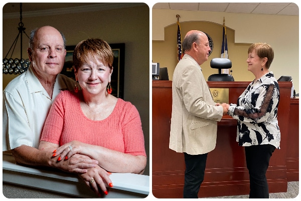 Patty and Ron Spurgeon photographed smiling and looking at each other, used to explain how they met after bypass surgeries and rehab side by side with a photo of them being married.