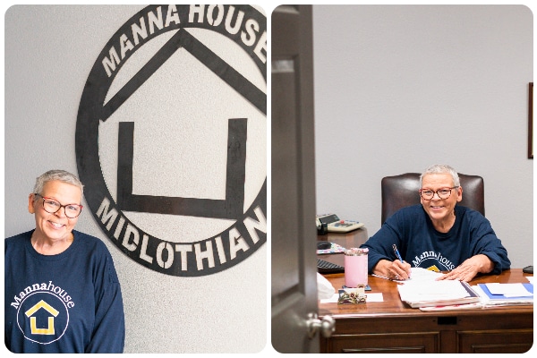 Sissy Franklin smiling for a photo in front of a sign that says "Manna House Midlothian" next to another photo of Sissy signing paperwork at a desk after her treatment for breast cancer