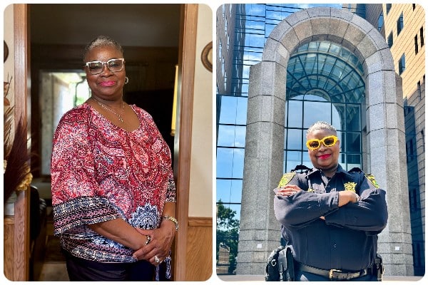 Dallas County correctional officer Wanda Grigsby in two photos, one in uniform and one without