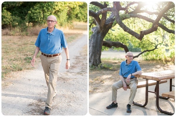 An older man named Gary Reynolds smiling, photographed in natural light in two photos side by side; one while walking on a dirt trail and the other sitting at a picnic bench