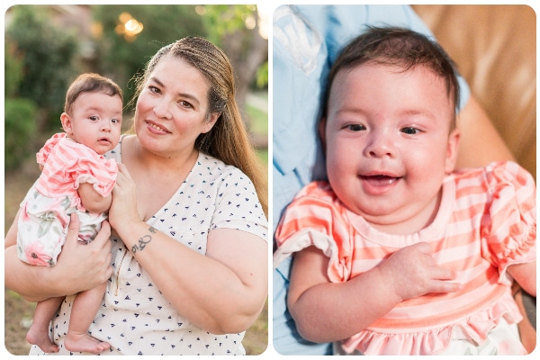 In the image on the left, mother Celeste holds baby Scarlett. On the right is a close-up of Scarlett smiling.