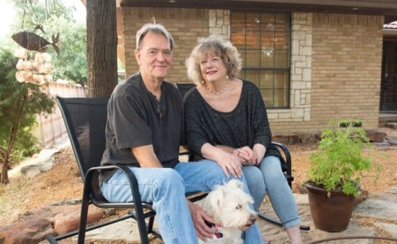 An older couple named Susan and Don Fellers photographed with their dog Rowdie after Don recognized Susan's stroke symptoms and she received medical care