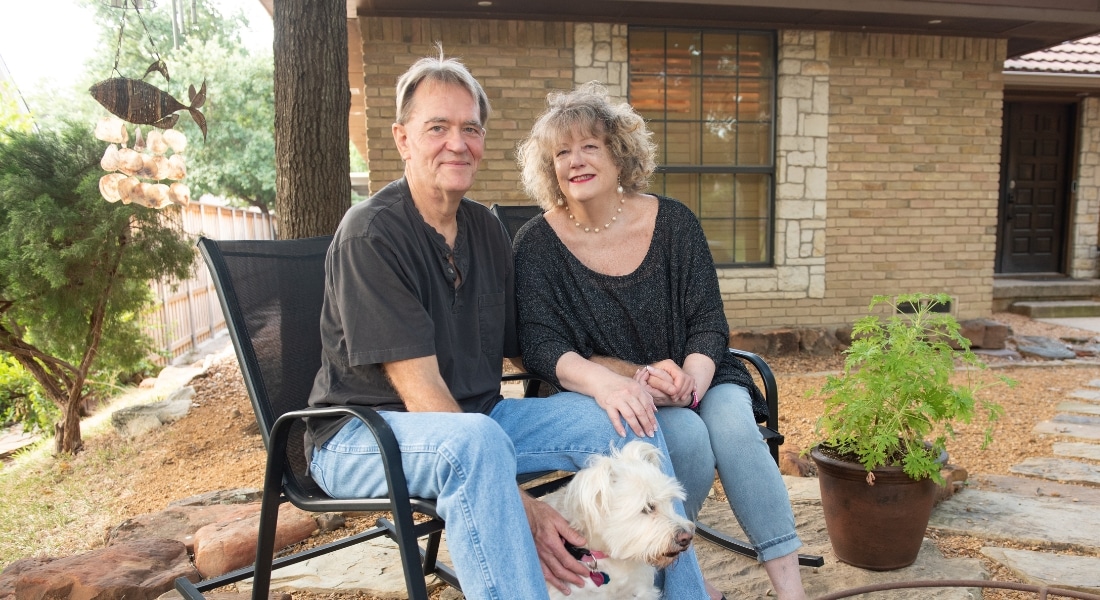 An older couple named Susan and Don Fellers photographed with their dog Rowdie after Don recognized Susan's stroke symptoms and she received medical care