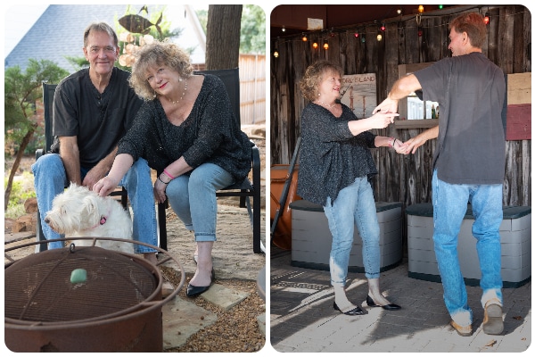 Two photos of a couple named Susan and Don Fellers, with one photograph of the two in front of a fire pit with a white dog named Rowdie and the other photo of them dancing