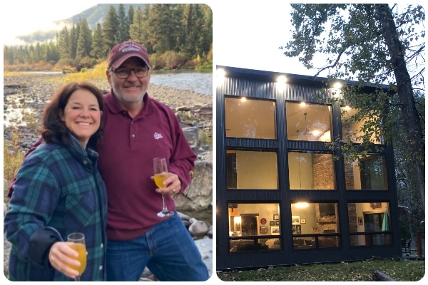 Rob and Lisa photographed on the left with champagne flutes and smiling, and on the right, a photo of their riverside cabin in Montana.