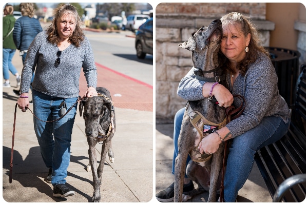 On left, a woman walks down a sidewalk with her dog. On right, the same woman hugs her dog.