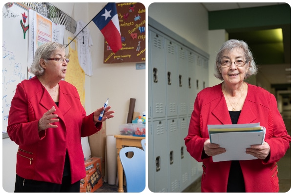 Two photographs of educator Eugenia Jameson in the classroom and in a hallway with lockers behind her