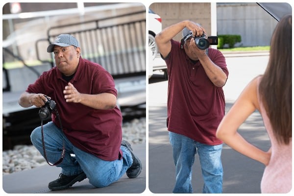 A collage of two photos of Cesar Zapata taking photographs of a model