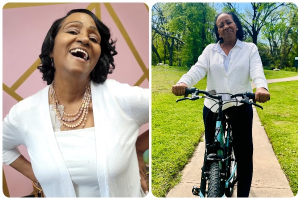 A photo of Crystal Walker wearing white and smiling for the camera, next to a photo of her standing and posing on a bicycle