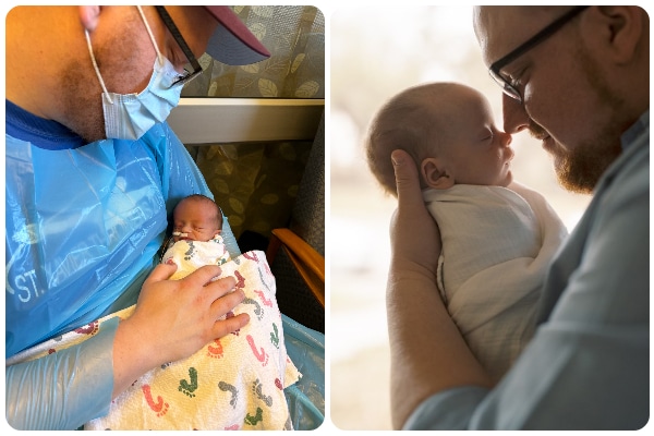 On left, a man wearing hospital scrubs and a mask holds a baby. On right, in a studio photograph, the same man holds the baby nose-to-nose against a soft white background.