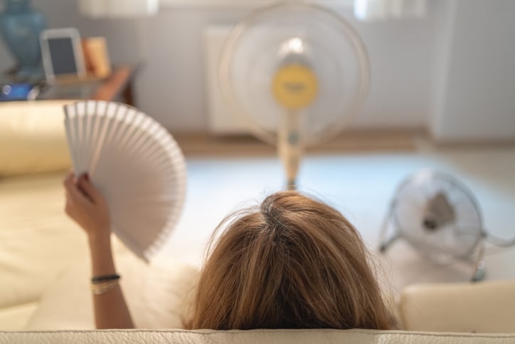 Seen from behind, a woman fans herself with a paper fan in an indoor setting. Two electrical fans are pointed at her.