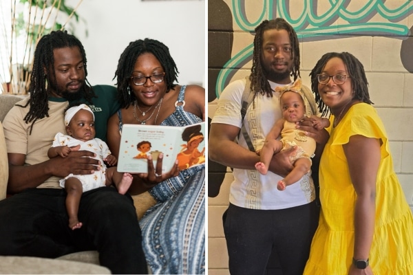 Tiya and Sharif Thompson with their daughter, Rhea, then (left) and now