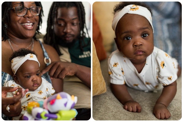 In the image on the left, a woman laughs as she holds a baby girl. A man sitting beside her touches the baby with his finger. In the image on the right, the baby girl gazes into the camera.