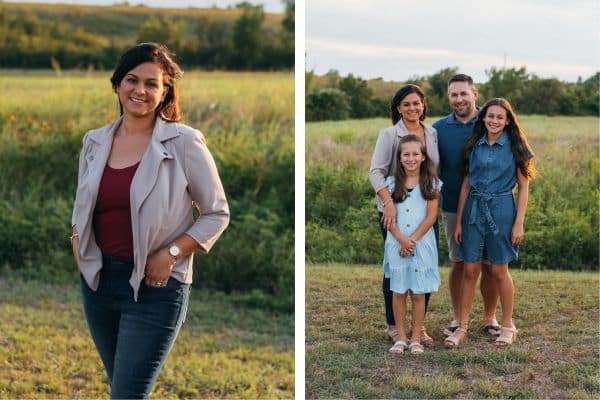 On the left, a woman stands in front of a field in a hazy evening light. She is smiling. On the right, a family – a woman, man, and two girls — stands close together in front of the field.