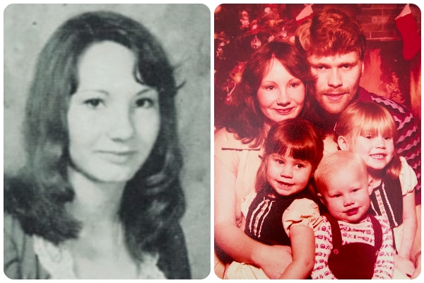 On the left is a black-and-white photo of a woman with long hair. On the right, a woman and man lean close together for a holiday photo. They are holding three young children.