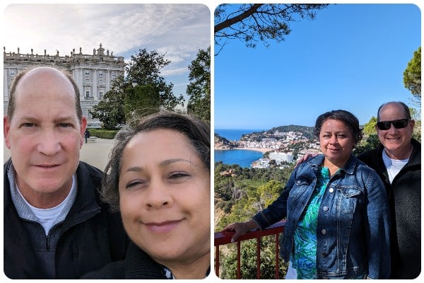 On the left, a man and woman smile at the camera. Behind them is a classical building and a sunset sky. On the right, the same man and woman stand in front of a view of woods, a city and bright blue water.